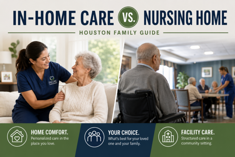 Caregiver Blog 2 In-Home Care Vs Nursing Home Comparison In Houston Showing A Caregiver Assisting A Senior At Home And Residents In A Nursing Home