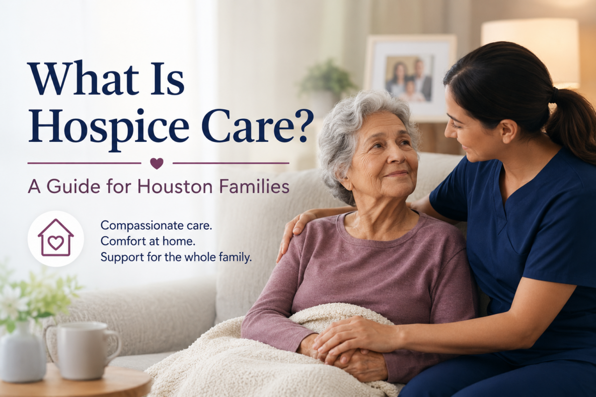 Home Health Care Service In Greater Houston 1 Compassionate Hospice Caregiver Providing Comfort And Emotional Support To An Elderly Woman At Home.
